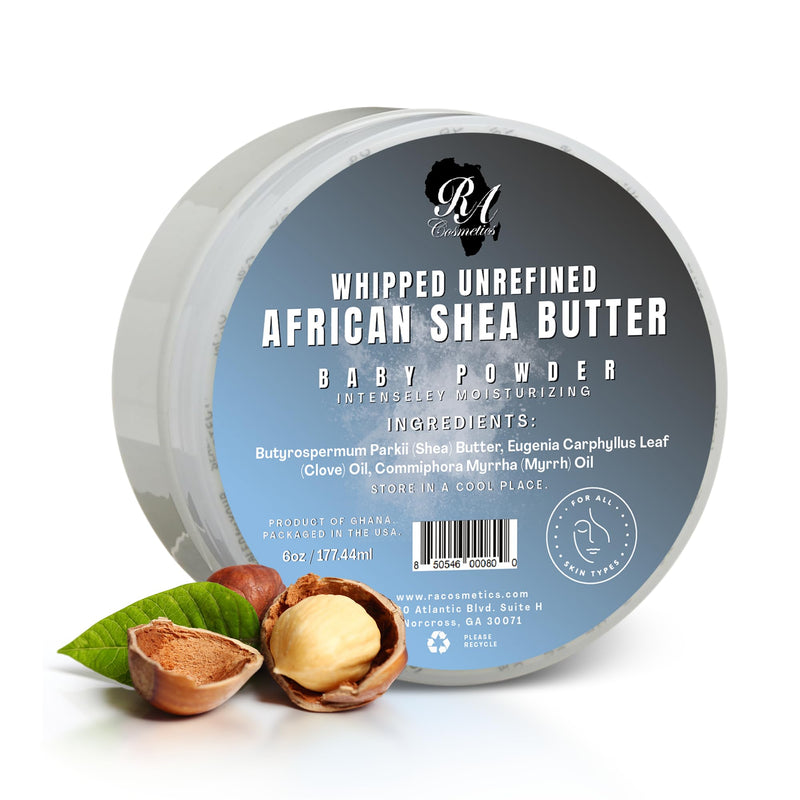 RA Cosmetics Whipped Shea Butter Baby Powder - 6oz | 100% Pure & Natural African Shea Butter for Men & Women - Ultimate Handcrafted Moisturizer with Essential Vitamins for Radiant Skin & Luscious Hair 6 Ounce (Pack of 1)