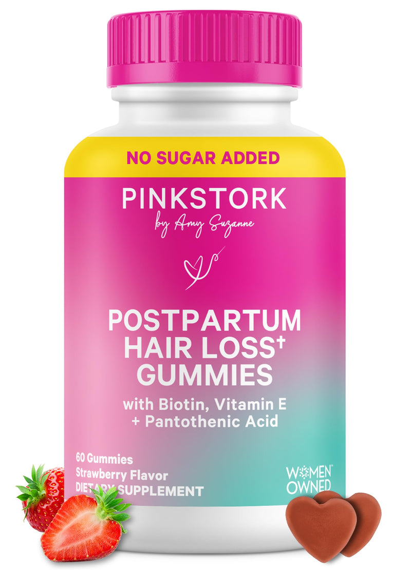 Pink Stork Postpartum Hair Loss Gummies, 60 Count | Biotin, Pantothenic Acid, Vitamin E, B6, B12, Breastfeeding-Friendly, Hair Growth + Regrowth Support