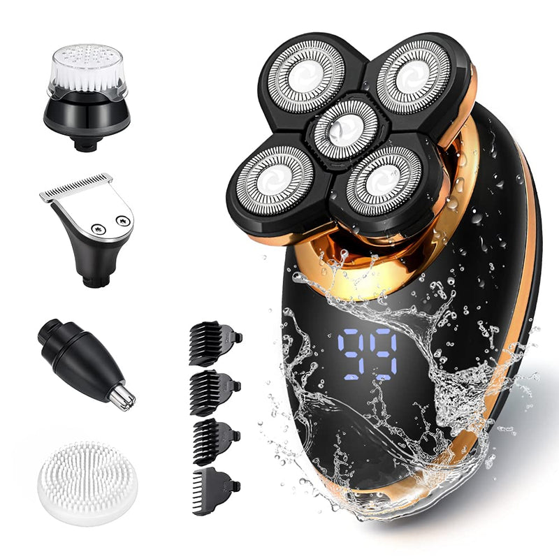 [Australia] - Electric Shavers for Men - 5 in 1 Bald Head Shavers for Men, 5D Floating Cordless USB Rechargeable Rotary Razor Multifunctional Grooming Kit Beard Trimmer Waterproof Wet and Dry with LED Display Gold 5d 