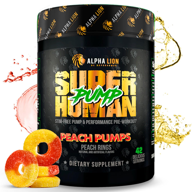 [Australia] - ALPHA LION Superhuman Pump Pre Workout Powder, Nootropic Caffeine & Stim Free Preworkout Supplement, Nitric Oxide Booster, Muscle Gainer, Energy & Focus (42 Servings, Peach Pumps Flavor) Peach Pumps - Peach Rings 