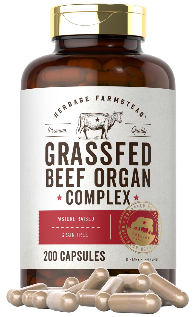 [Australia] - Carlyle Grass Fed Beef Organ Complex | 200 Capsules | Pasture Raised, Grain Free Supplement | with Desiccated Liver, Kidney, Pancreas, Heart, Spleen | Non-GMO, Gluten Free | by Herbage Farmstead 