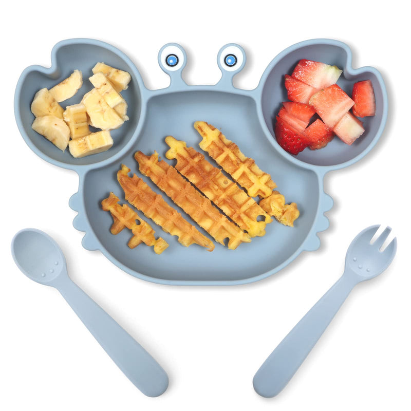 [Australia] - ROCCED Suction Plates for Baby, Silicone Plates with Suction Divided, Baby Spoon Fork Set for Toddler Baby Dishes Kids Plates and Utensils-Crab Dusty Blue 