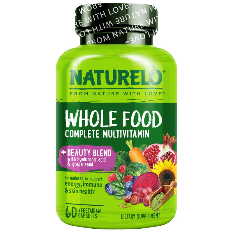 NATURELO Whole Food Multivitamin with Extra Hair, Skin and Nails Support - Beauty Blend with Hyaluronic Acid & Grape Seed - High Potency Biotin, Vitamin C, and Glutathione - 60 Vegan Capsules Unflavored 60 Count (Pack of 1)