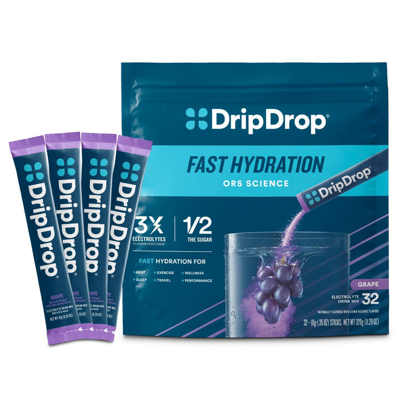 DripDrop Hydration Grape Electrolyte Packets, Powder Drink Mix, 32 Count | Grape; 3X Electrolytes; Potassium, Magnesium, Zinc, Vitamin C; Single Serve; Portable; Daily Use, Workouts, Travel