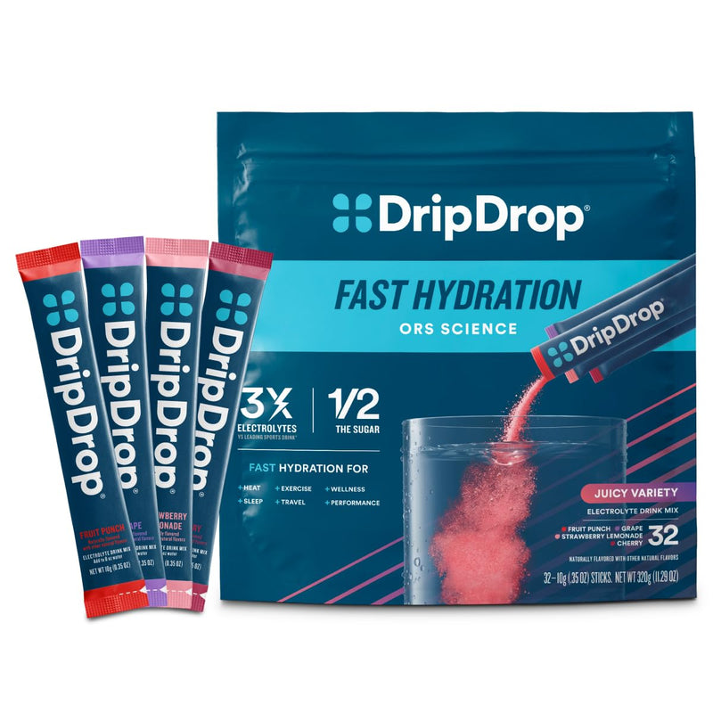 DripDrop Hydration Juicy Variety Pack, Electrolyte Packets, 32 Count | Grape, Fruit Punch, Strawberry Lemonade & Cherry; 3X Electrolytes, Vitamin C, Magnesium, Zinc; Single Serve Powder Drink Mix