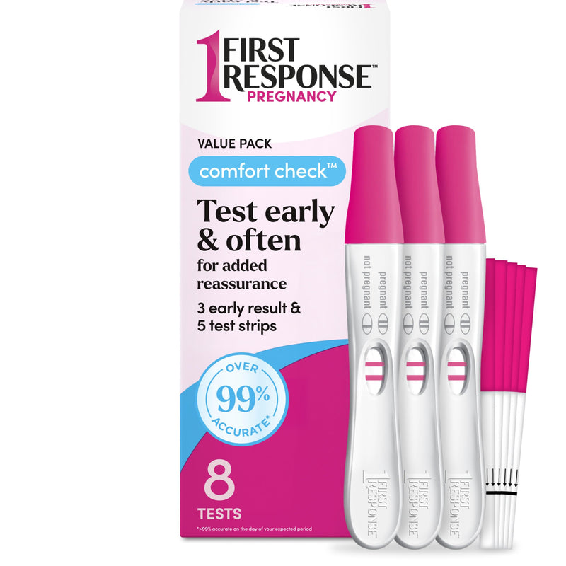 FIRST RESPONSE Comfort Check Pregnancy Test, 8 Count, Pink & White | Test As Early As 6 Days*, Over 99% Accurate*, Early Pregnancy Detection, Answers In Minutes, Trusted For 30 Years