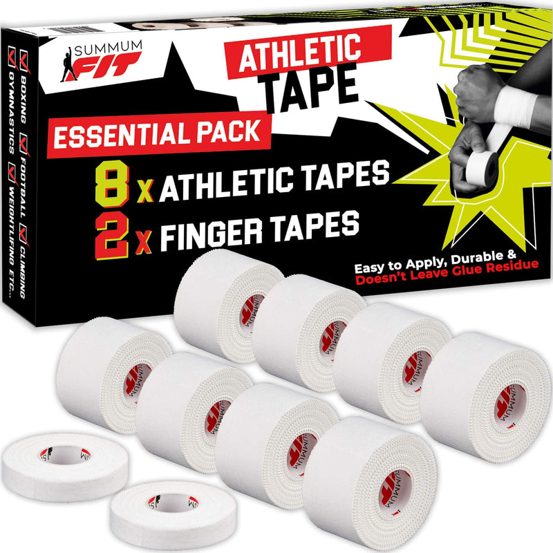 [Australia] - White Athletic Tape Extremely Strong: 8 Rolls + 2 Finger Rolls. Easy to Apply & No Residue. Sports Tape Athletic for Boxing Football Climbing or Gymnastics for Wrist Ankle & Hand Protection 8+2 Set 