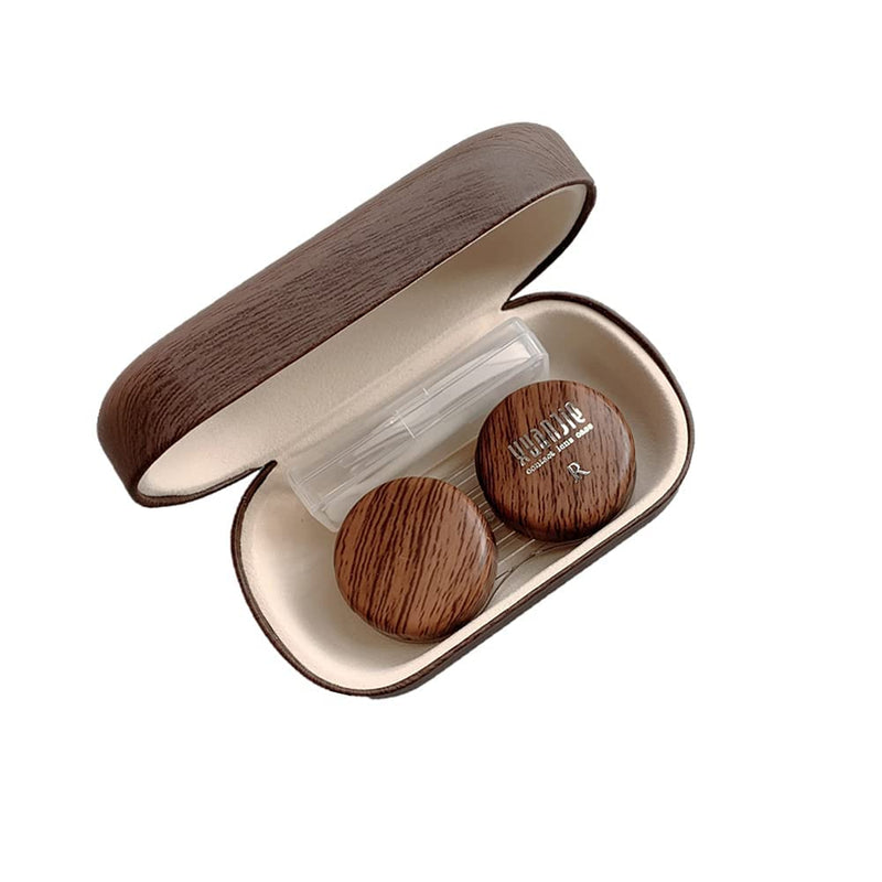 [Australia] - CARUNCOO Wood Grain Contact Lens Case Compact Eye Contact Case for Travelling Portable Contact Box with Mirror Rectangle，Cute Colorful Especially Elegant Brown 4 Piece Set 