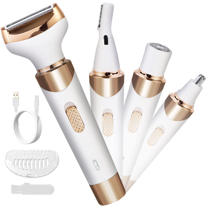 [Australia] - Electric Razor for Women Bikini Trimmer, MKIOVH Women's Cordless Portable 4 in 1 Painless Shaver, for face Legs Brows Nose Detachable Head USB Rechargeable Hair Trimmer (White) White 