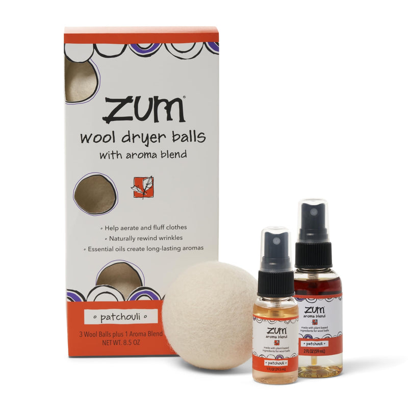 [Australia] - Indigo Wild Zum Laundry Dryer Balls Kit - Wool Laundry Balls for The Dryer - Essential Oil Spray - Reusable Drying Balls for Laundry - Patchouli - (3 Dryer Balls, 1 Aroma Blend) 