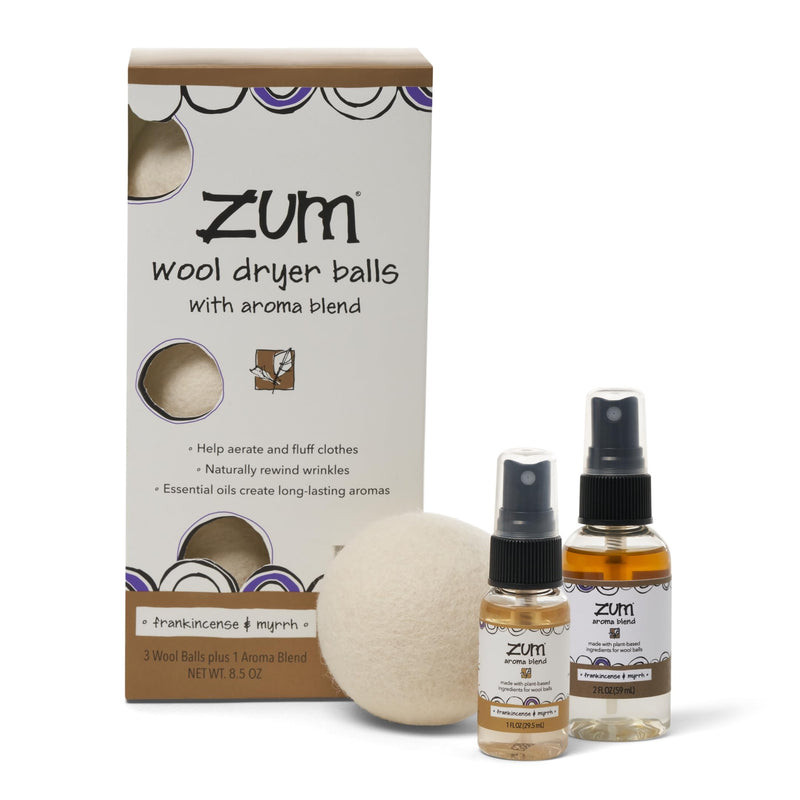 [Australia] - Indigo Wild Zum Laundry Dryer Balls Kit - Wool Laundry Balls for The Dryer - Essential Oil Spray - Reusable Drying Balls for Laundry - Frankincense & Myrrh - (3 Dryer Balls, 1 Aroma Blend) 