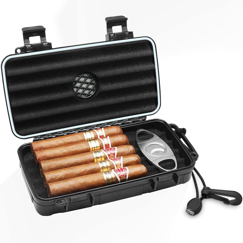 [Australia] - Flauno Travel Cigar Humidor Case - Portable Cigar Box with Humidifier Disc & Cigar Cutter | Waterproof | Crushproof | Airtight | Durable (Holds up to 5 Cigars) Holds up to 5 Cigars 