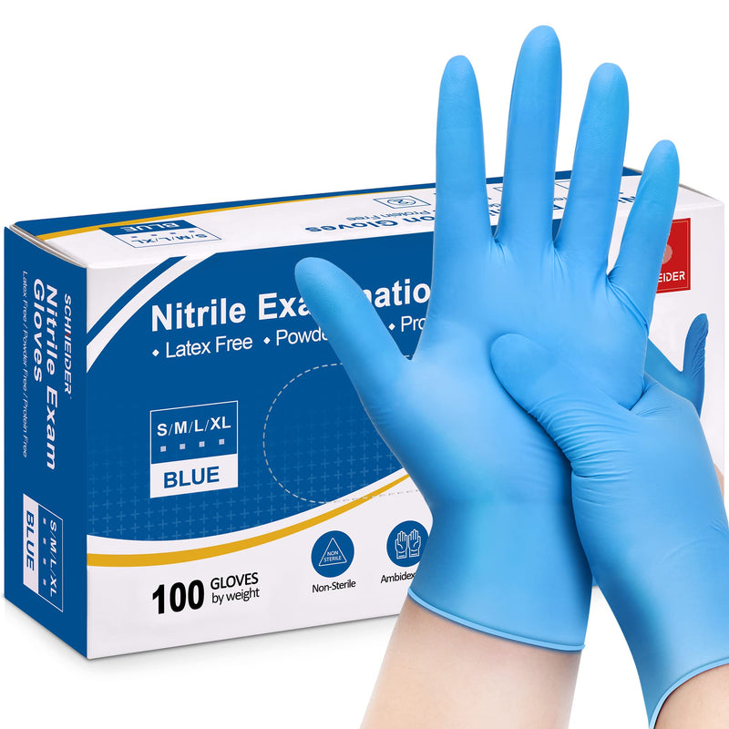 [Australia] - Schneider Nitrile Exam Gloves, Blue, 4 mil, Powder-Free, Latex-Free, for Medical Exam, Cleaning and Food Prep, Non-Sterile 100 Medium 