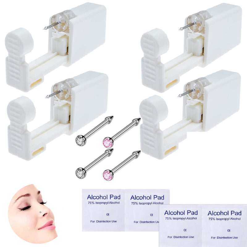 [Australia] - 4-Pack Disposable Self Piercing Kit with Built-in Nose Studs, Very Safe Piercing Gun, Simple and Convenient Operation, Ideal for Family Use (White + Pink) White+Pink 