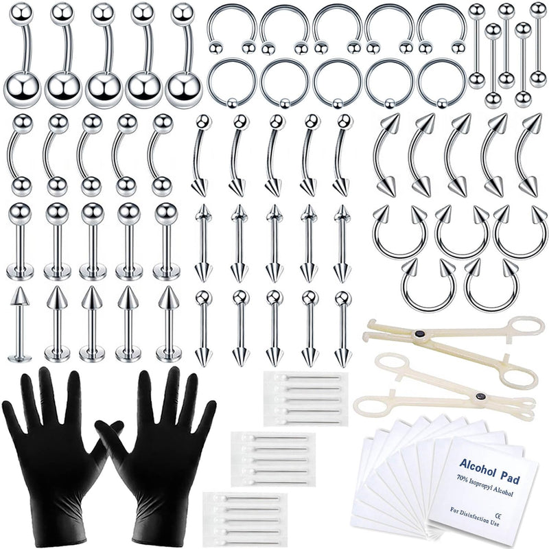 [Australia] - 84PCS Body Septum Piercing Kit 14G 16G Tools for Nose Tongue Lip Ear Eyebrow Belly Button Cartilage Tragus Industrial Barbell Helix Daith Piercing Jewelry Clamps 