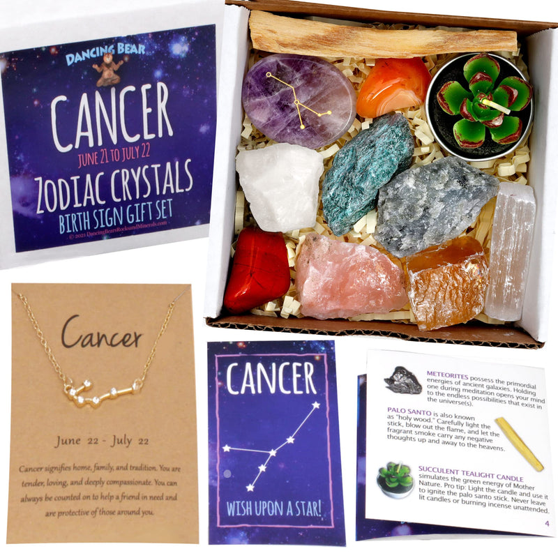 [Australia] - DANCING BEAR Cancer Zodiac Healing Crystals Gift Set, (14 Pc): 9 Stones, 18K Gold-Plated Constellation Necklace, Meteorite, Succulent Candle, Palo Santo Smudge Stick, and Info Guide, Made in The USA 
