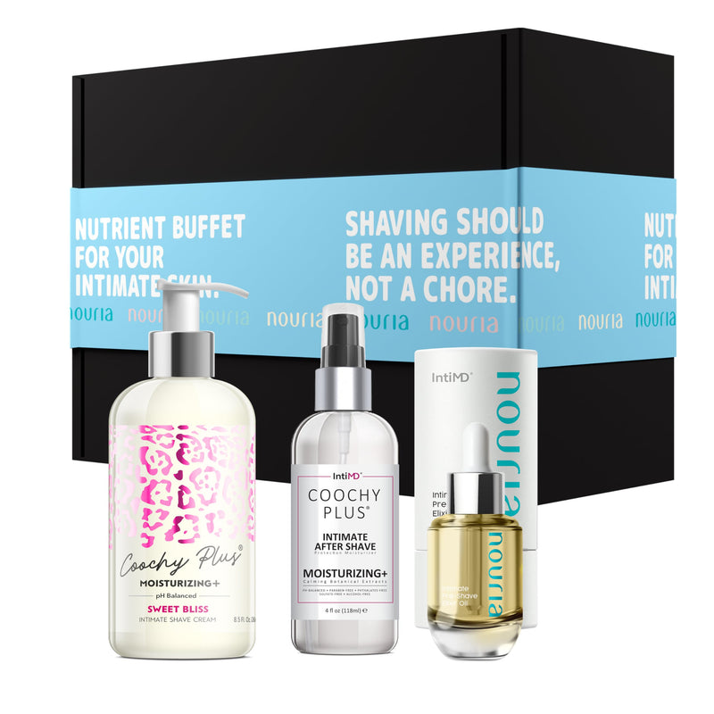 [Australia] - Coochy Plus HydroLock MOISTURIZING+ 3-Steps Kit Intimate Shave Gift Set: NOURIA Pre-Shave Elixir Oil + Coochy Plus Shave Cream Sweet Bliss + Coochy Plus After Shave Protection Mist 3 Piece Set 