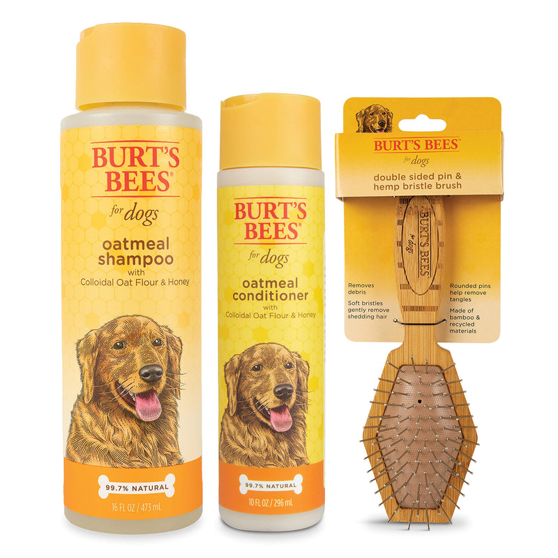 Burt's Bees Bundle Oatmeal Grooming Kit | Includes Oatmeal Dog Shampoo and Conditioner with Colloidal Oat Flour and Honey, and Double Sided Pin & Bristle Brush - PawsPlanet Australia