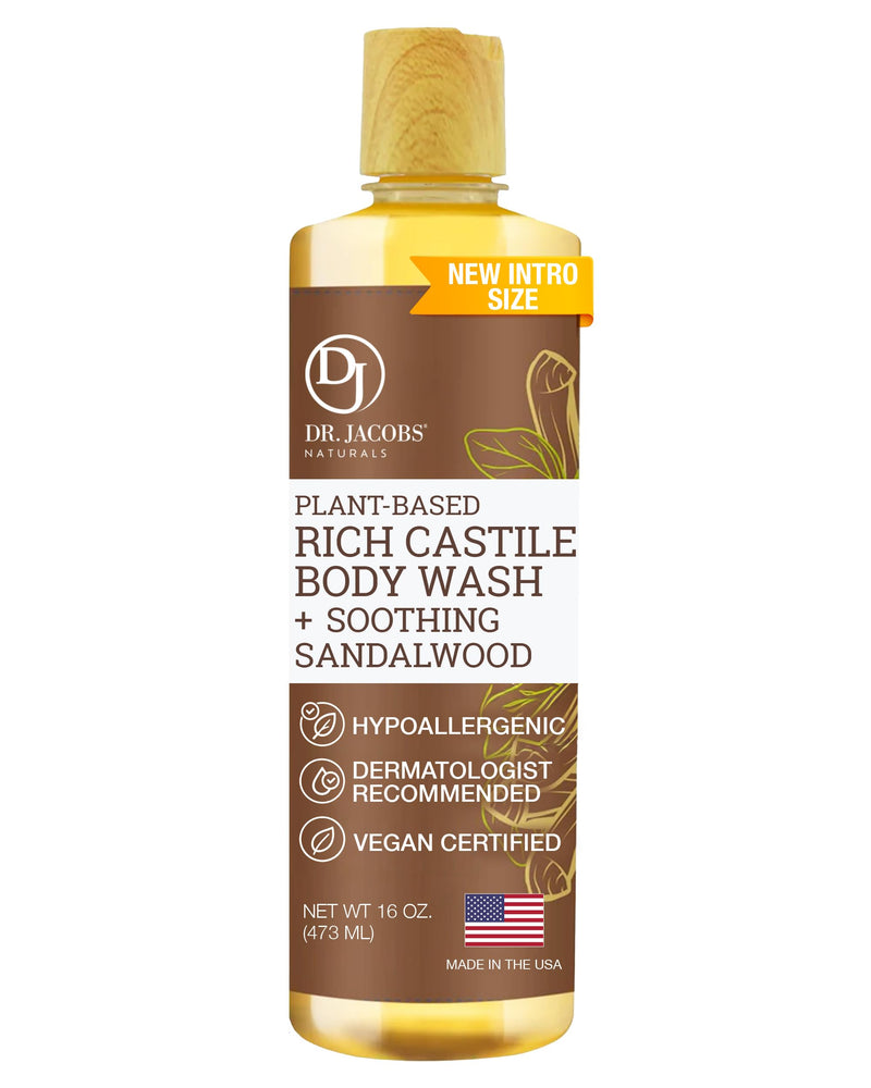 Dr. Jacobs Naturals Pure Castile Soap Liquid Body Wash, Sandalwood - Plant Based Soap Infused with Vitamin E and Aloe Vera to Moisturize Dry and Sensitive Skin - Made in The USA - 16 oz 16 Fl Oz (Pack of 1)