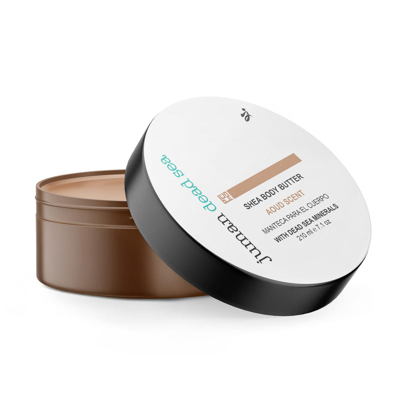 Juman Shea Body Butter with Dead Sea Minerals | Made with Natural Shea and Cocoa Butter | Infused with Plant Extracts, Vitamin E & Chamomile Extract | Oud Scented Skin Butter | 7.1oz Aoud