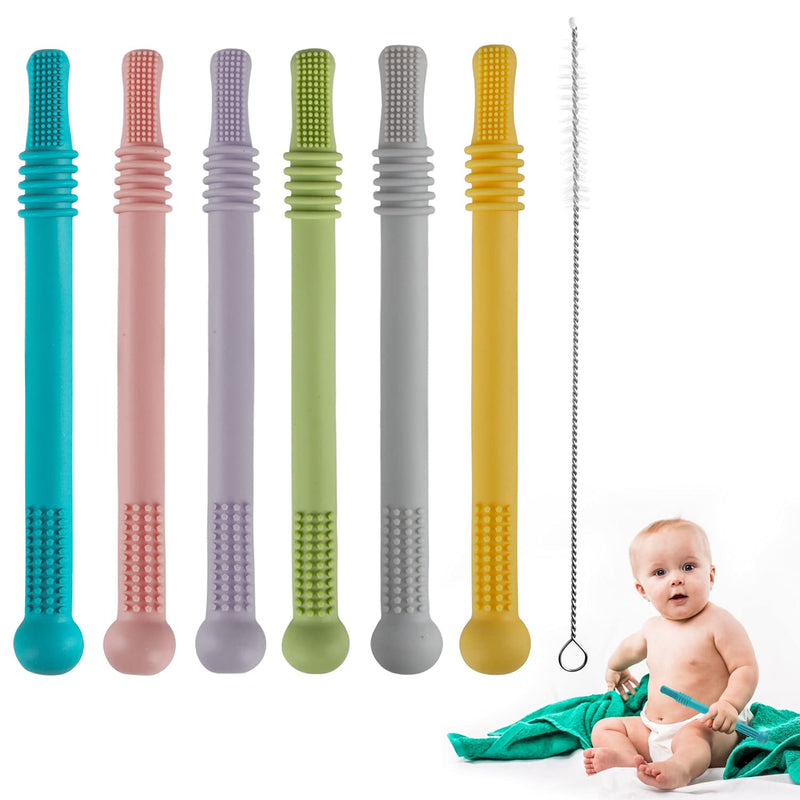 [Australia] - Fu Store Hollow Teether Tube, 6 Pack Chew Straw Toy for Infant Toddlers Silicone Tubes Teething Toys for Babies 3-12 Months BPA Free/Freezable/Dishwasher and Refrigerator Safe 