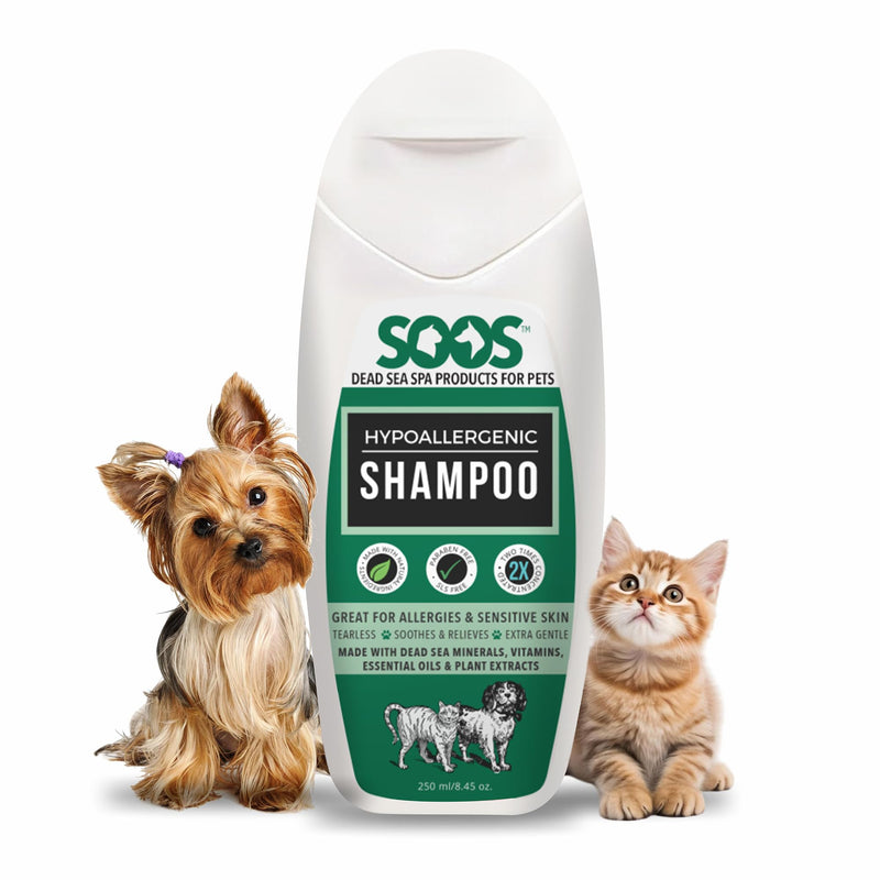 Soos Pet Shampoo Hypoaller-genic Cat and Dog Shampoo Natural Dead Sea Minerals Fast Absorbing Soothes Skin Irritation with Vitamins Essential Oils - 1 Pack (250ml) - PawsPlanet Australia