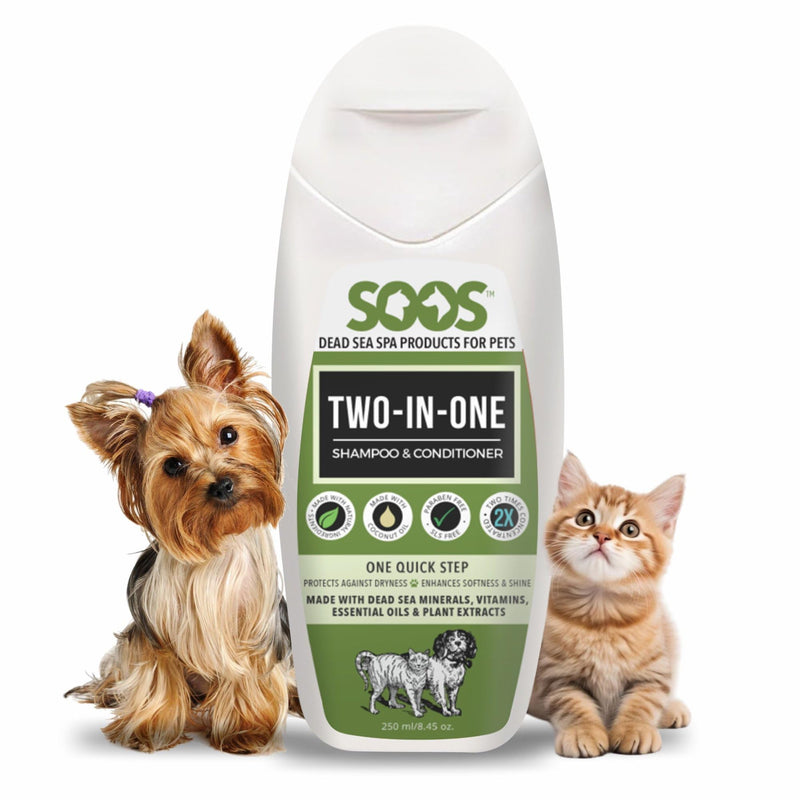 Soos Pets Two-in-One Shampoo Plus Conditioner for Dogs & Cats | 2-in-1 Natural Dead Sea Minerals | Cleansing & Moisturizing Formula | Gentle on Skin, Promotes Soft Shiny Coat - 250ml - PawsPlanet Australia