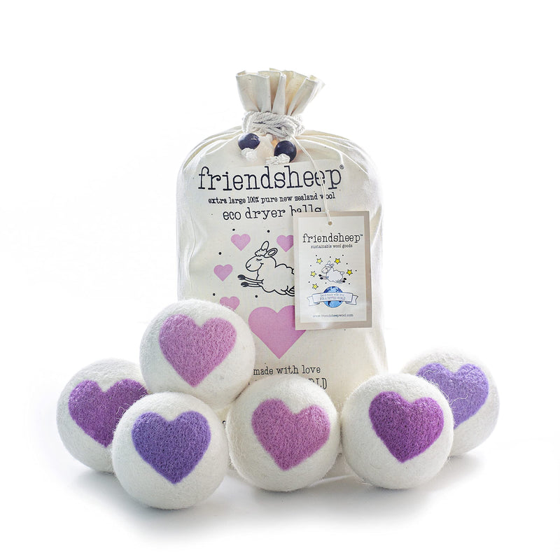 [Australia] - Friendsheep Organic Wool Dryer Balls Pink Purple Hearts 6 Pack XL Premium Reusable Cruelty Free Handmade Fair Trade No Lint Fabric Softener - Lovely Day 