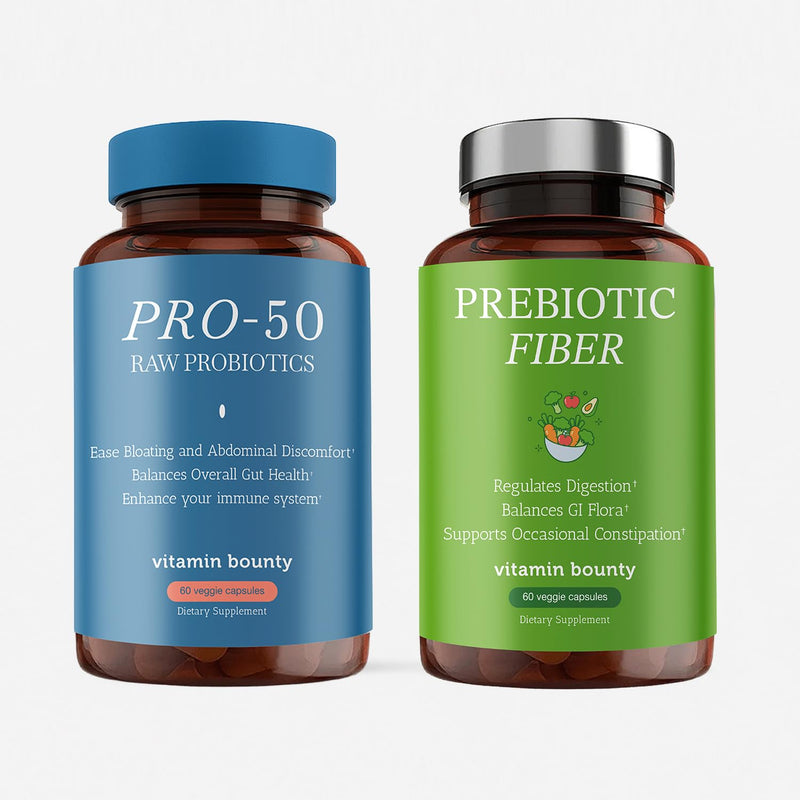 Vitamin Bounty Pro-50 Probiotics & Prebiotic Fiber Bundle: 13 Strains, 50 Billion CFUs, Digestive & Gut Health Support, Delayed Release Capsules - 90 Capsules Total for Men & Women