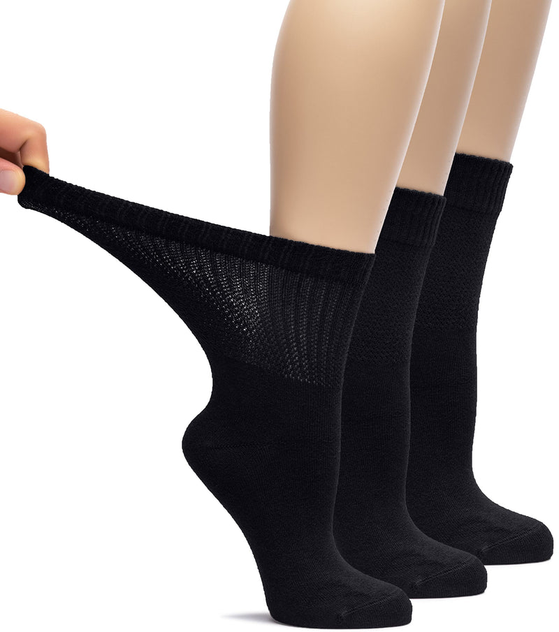 [Australia] - Hugh Ugoli Women's Bamboo Loose Fit Diabetic Crew Socks, Soft, Wide & Stretchy with Seamless Toe & Non-Binding Top, 3 Pairs 6-9 01- Black (3 Pairs) 