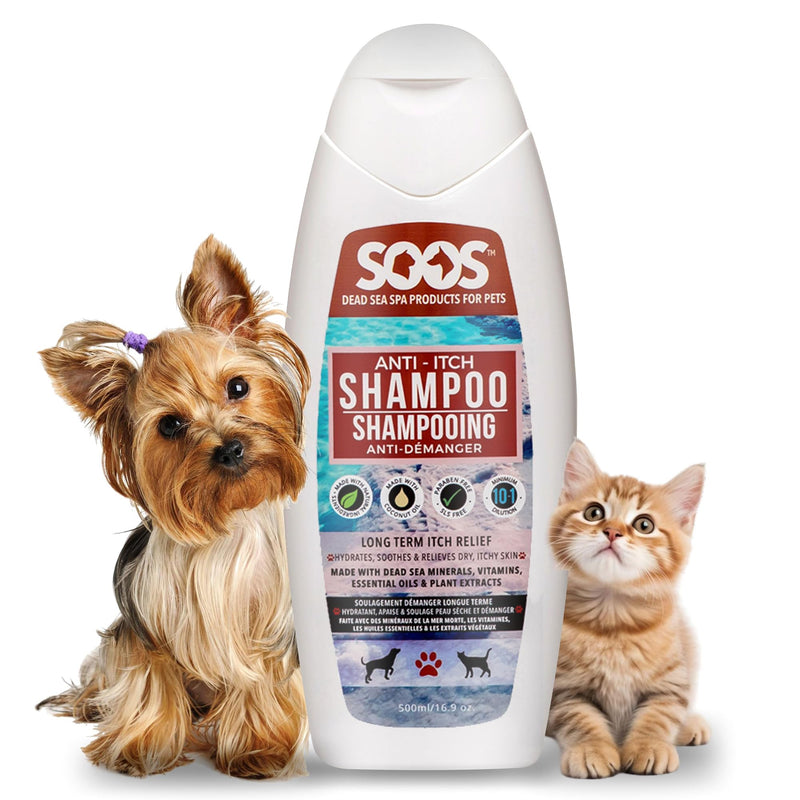 Soos Pet Dog Shampoo for Cats and Pets Anti-Itch Dead Sea Minerals Fast Absorbing Clean Fur with Vitamins Essential Oils Natural Ingredients Antiba-cterial and Antif-ungal - 1x Pet Shampoo (500ml) - PawsPlanet Australia