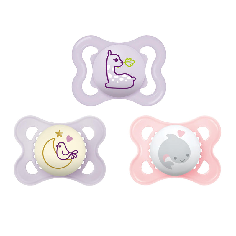 [Australia] - MAM Variety Pack Baby Pacifier, Includes 3 Types of Pacifiers, Nipple Shape Helps Promote Healthy Oral Development, 3 Pack, 0-6 Months, Girl Pink Blush / Artic Blue 3 Count (Pack of 1) 