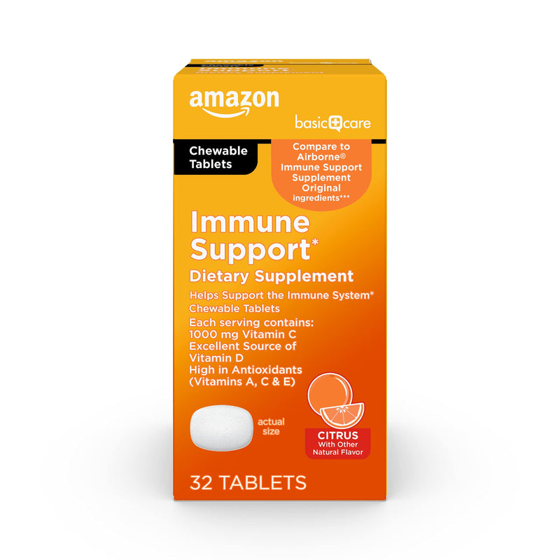 Amazon Basic Care Immune Support Citrus Chewable Tablets with Antioxidants, Vitamin D and Immune System Support, 32 Count 32 Count (Pack of 1)