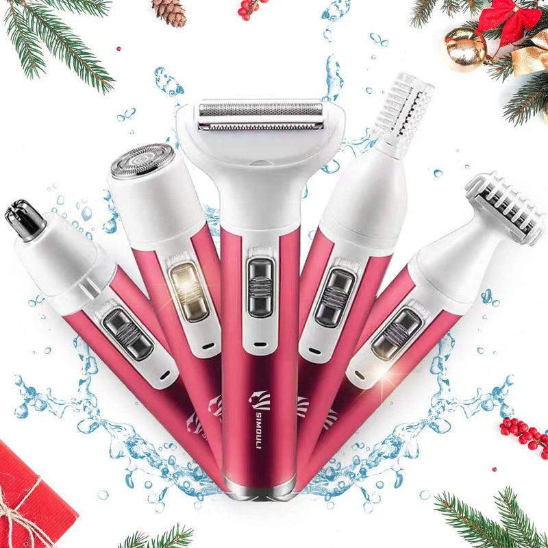 [Australia] - Electric Razor for Women,5 in 1 Womens Shaver Electric Bikini Trimmer Pubic Hair Removal Wet & Dry Painless Shaver for Legs Underarms Eyebrow Face Nose and Bikini Line Razor (Red) 