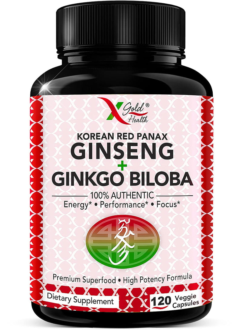[Australia] - Korean Red Panax Ginseng 1200mg + Ginkgo Biloba -120 Vegan Capsules - High Ginsenosides Extra Strength Root Extract Powder Supplement for Energy, Performance & Focus Pills for Men & Women 120 Count (Pack of 1) 