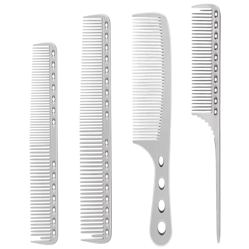 CGBARBER 4 Types Aluminum Hair Combs for Cutting Stainless Steel Hair Tail Metal Comb (silver) silver