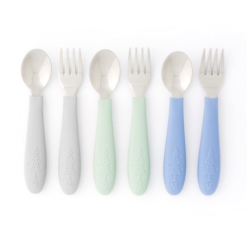 [Australia] - Elk and Friends Kids Silverware with Silicone Handle | Childrens Safe Flatware | Toddler Utensils | Baby Spoons + Forks | Stainless Steel Cutlery Sage/MistyBlue/Gray 