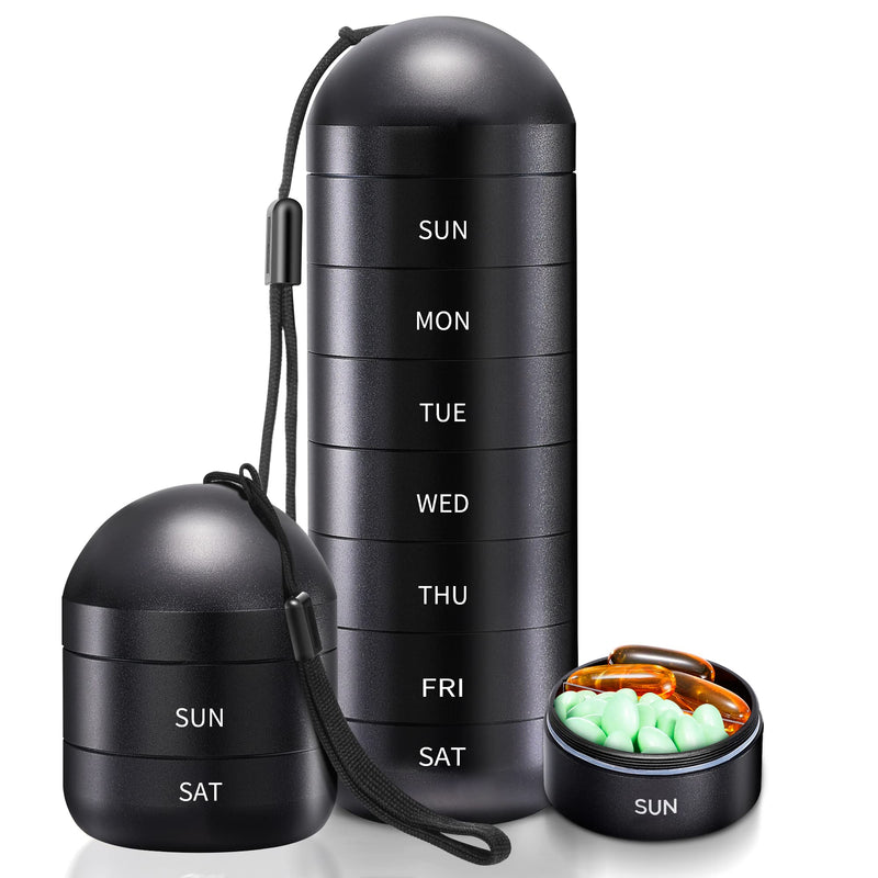 Zannaki Weekly Pill Organizer 7 Day 2 Times a Day, Portable Metal Travel Waterproof AM PM Pill Box,Large Pill Case Container, BPA Free Daily Medicine Organizer Holder for Vitamin, Fish Oil, Supplement Black-xl(2 Times a Day)