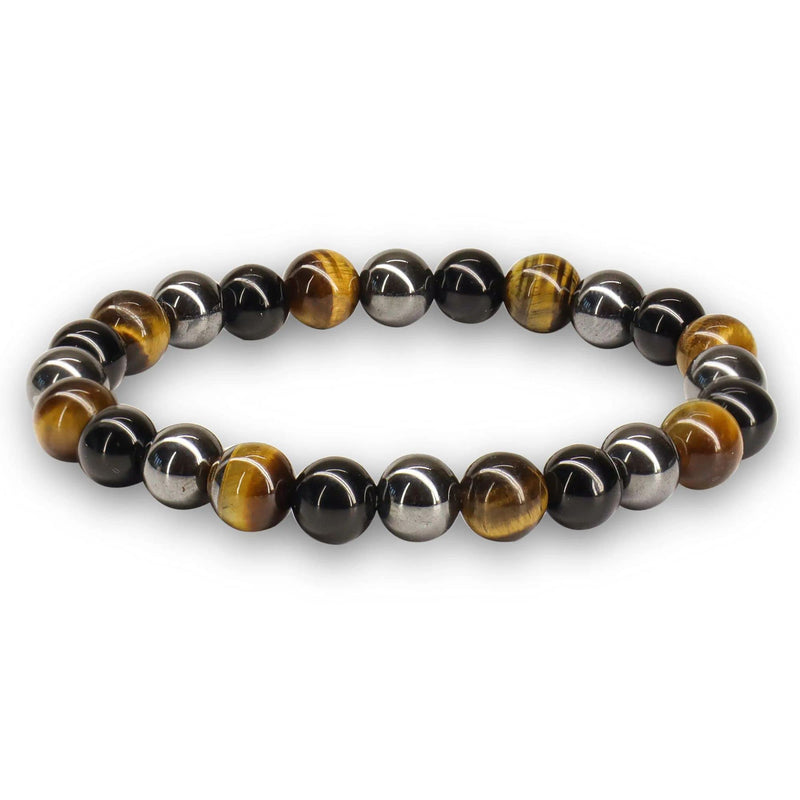 [Australia] - Crystal Vibe Triple Protection Bracelet - 8mm Beaded Bracelet for Women Men - Natural Stones of Tiger Eye, Hematite, Black Obsidian - Healing Crystal Bracelet for Anxiety Relief - Adjustable Size 