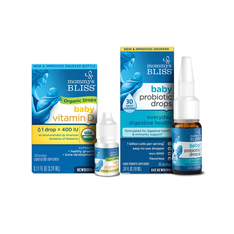 Mommy's Bliss Organic Baby Vitamin D Drops 100 Servings (Pack of 1) with Baby Probiotic Drops Everyday 30 Servings (Pack of 1) Baby Vitamin D Drops + Probiotic Drops