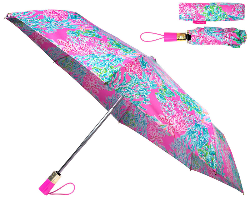 Lilly Pulitzer Travel Umbrella Compact, Cute Umbrella with Automatic Open and Storage Sleeve, Folding Umbrella for Rain or Sun Protection Seaing Things