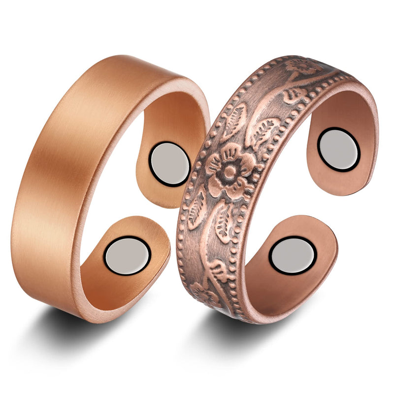 [Australia] - 2PCS Copper Rings for Women Men,Magnetic Therapy Copper Ring,Adjustable Jewelry Gift with Ring Box(Vintage Flower|Uncoated Sleek) 