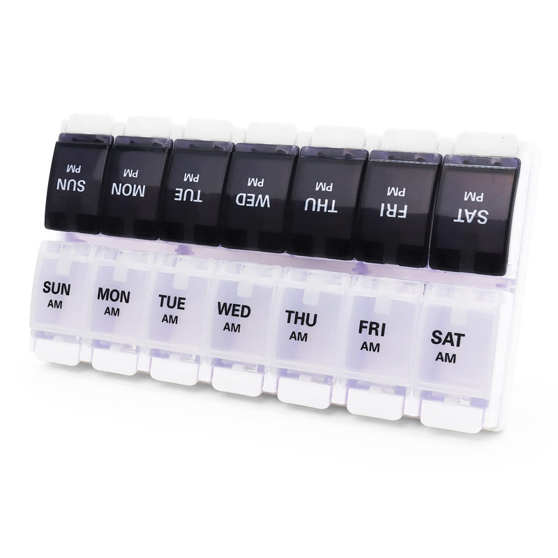 Large Pill Boxes and Organizer 2 Times a Day, MOLN HYMY 7 Day AM PM Pill Case, 14 Compartments Pill Dispenser to Hold Big Vitamin Supplements Fish Oil (Black+White) White & Black