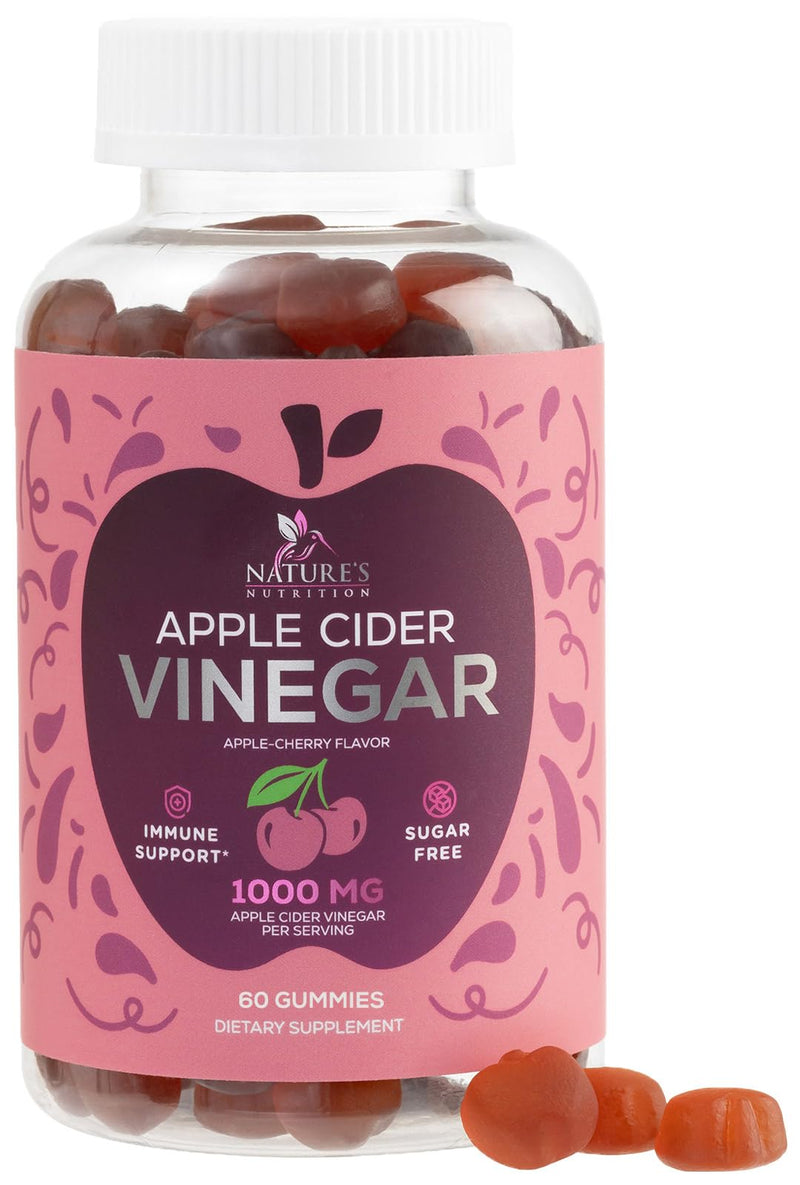 Apple Cider Vinegar Gummies 1000mg Per Serving - Sugar Free ACV Gummy Vitamins Supplement - Vitamin B12 & B6 for Energy - Digestion, Detox & Cleanse Support, Vegan, Gluten-Free, Non-GMO - 60 Gummies 60 Count (Pack of 1)