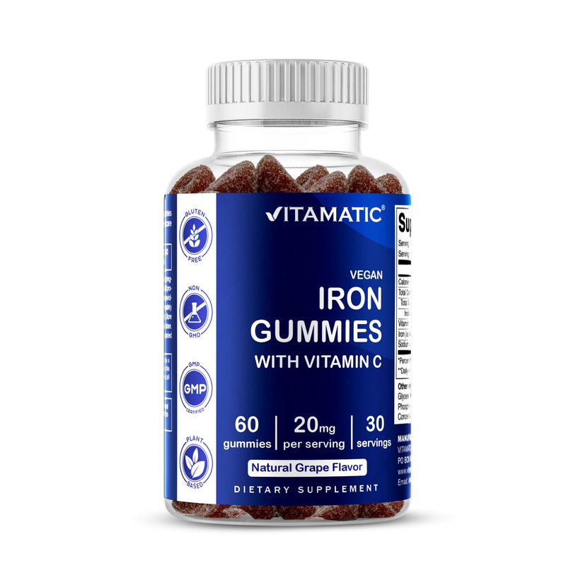 Vitamatic Vegan Iron 20 mg with VIT. C, 60 Natural Grape Flavor Gummies | Supports Healthy RBC Production and Oxygen Transport*, Immune Health Support*, Plant Based, Gluten Free, Non-GMO, Made in USA 60 Count (Pack of 1)