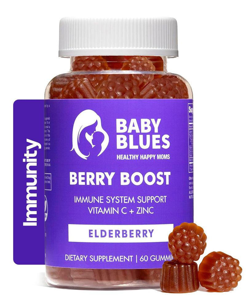 Baby Blues Berry Boost Elderberry Gummies for Women, Postnatal Immune Support with Vitamin C and Zinc for Moms, Postpartum and Breastfeeding, Dark Cherry, Vegan, 60 Count