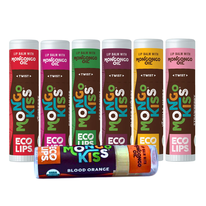 Eco Lips Mongo Kiss USDA Organic Lip Balm, Variety 7 pack | Blood Orange, Black Cherry, Pomegranate, Vanilla Honey, Peppermint, Strawberry Lavender, Yumberry | Mongongo Oil & Vitamin E 1 Count (Pack of 7)