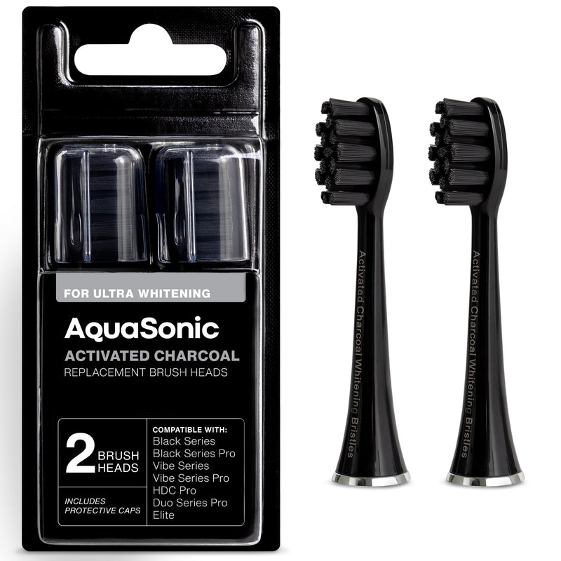 AquaSonic 2-Pack Activated Charcoal Brush Heads - Ultra Whitening Brush Heads - 2X Whitening & Stain Remover - for Black Series, Black Series Pro, Vibe Series, Duo Pro Series (Black)