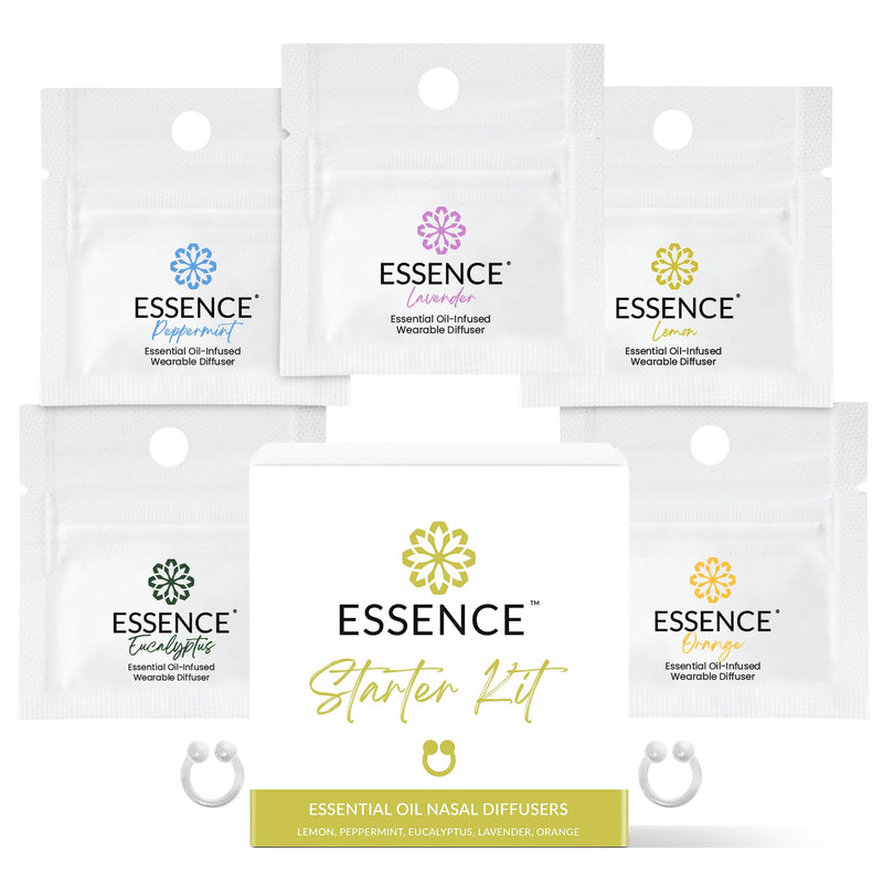[Australia] - Essence Nasal Diffuser Starter Kit ‚Äì Essential Oil Silicone Nose Ring Inhalers for Beginners ‚Äì Wearable Aromatherapy Bundle for Relaxation, Energy & Breathing Support Starter Kit (Lemon, Peppermint, Eucalyptus, Lavender, Orange) 