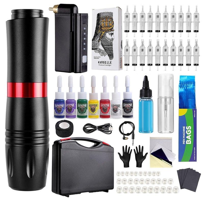 [Australia] - HAWINK Tattoo Pen Kit Rotary Gun Machine with Tattoo Power Supply 20Pcs Cartridge 7 inks 154KITP199-1 Blue 